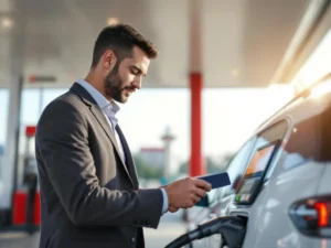 Professionele medewerker gebruikt brandstofkaart bij moderne tankstation terminal voor zakelijke voertuigbrandstof