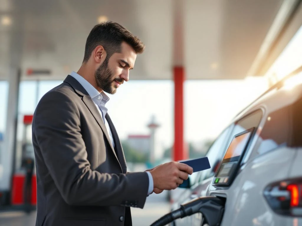 Professionele medewerker gebruikt brandstofkaart bij moderne tankstation terminal voor zakelijke voertuigbrandstof