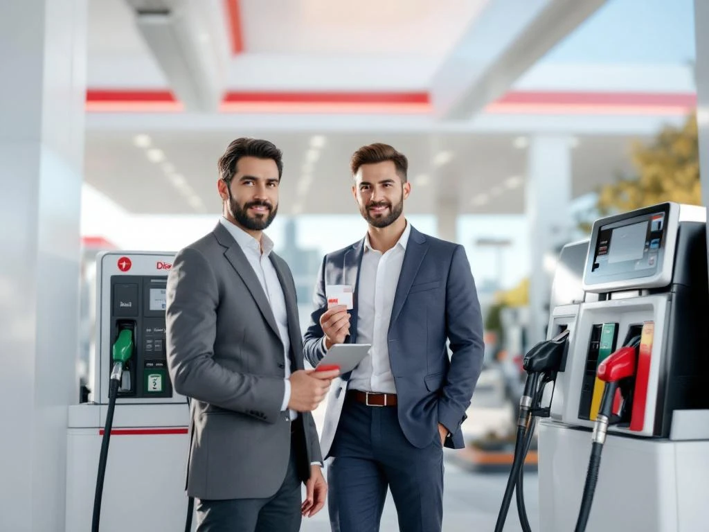 Zakelijke professional gebruikt brandstofkaart bij moderne tankstation met diesel en benzine pompen in daglicht