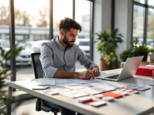 Bedrijfsmanager organiseert brandstofkaarten op bureau terwijl hij werknemersbeheersoftware bekijkt in modern kantoor