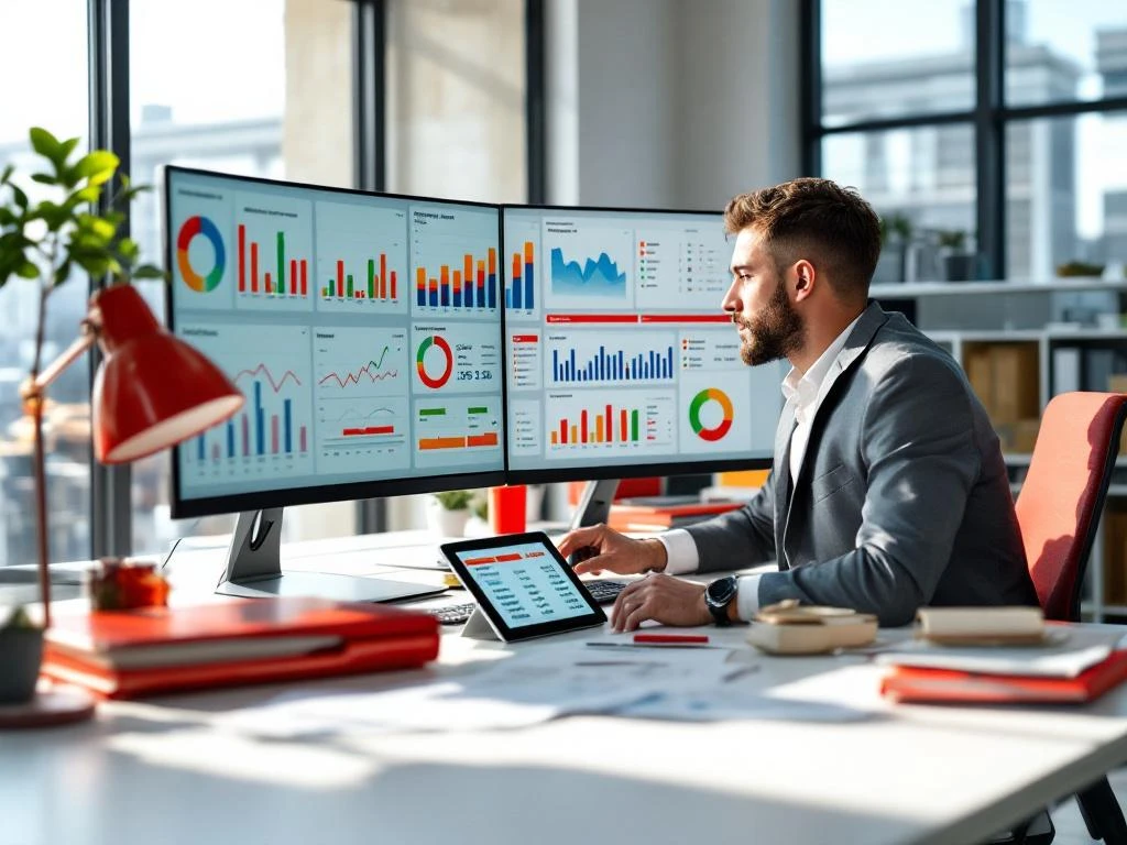 Professionele analist bekijkt brandstofkosten op dual monitors met grafieken in modern kantoor met rood-wit interieur