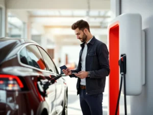 Professioneel houdt brandstofkaart bij elektrische auto aan moderne laadpaal in rood-wit laadstation