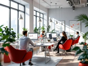 Moderne kantooromgeving met professionals aan bureaus met financiële dashboards op schermen in rood-wit interieur