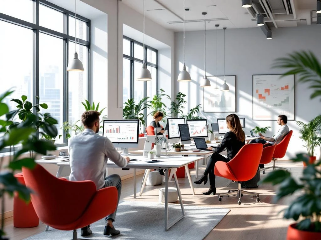 Moderne kantooromgeving met professionals aan bureaus met financiële dashboards op schermen in rood-wit interieur