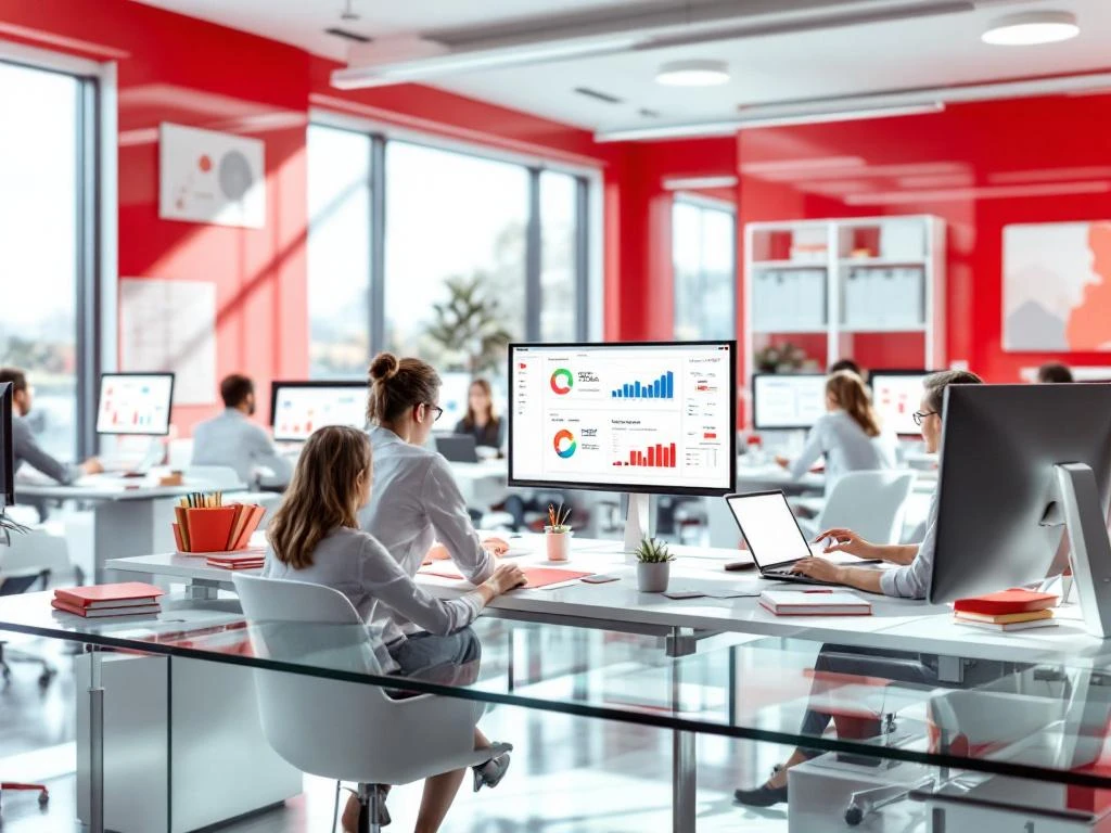 Moderne kantoorruimte met zakelijke professionals die werken aan laptops met financiële dashboards en brandstofbeheer rapporten