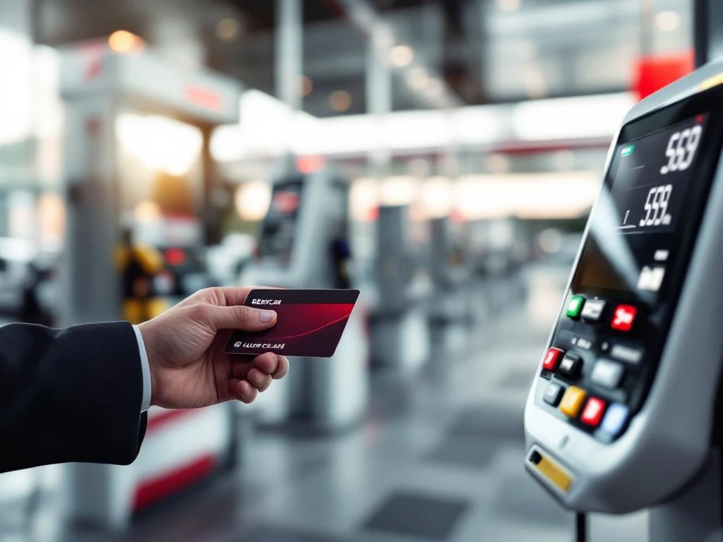 Hand met tankkaart bij betaalterminal op modern Nederlands tankstation met rode en witte branding