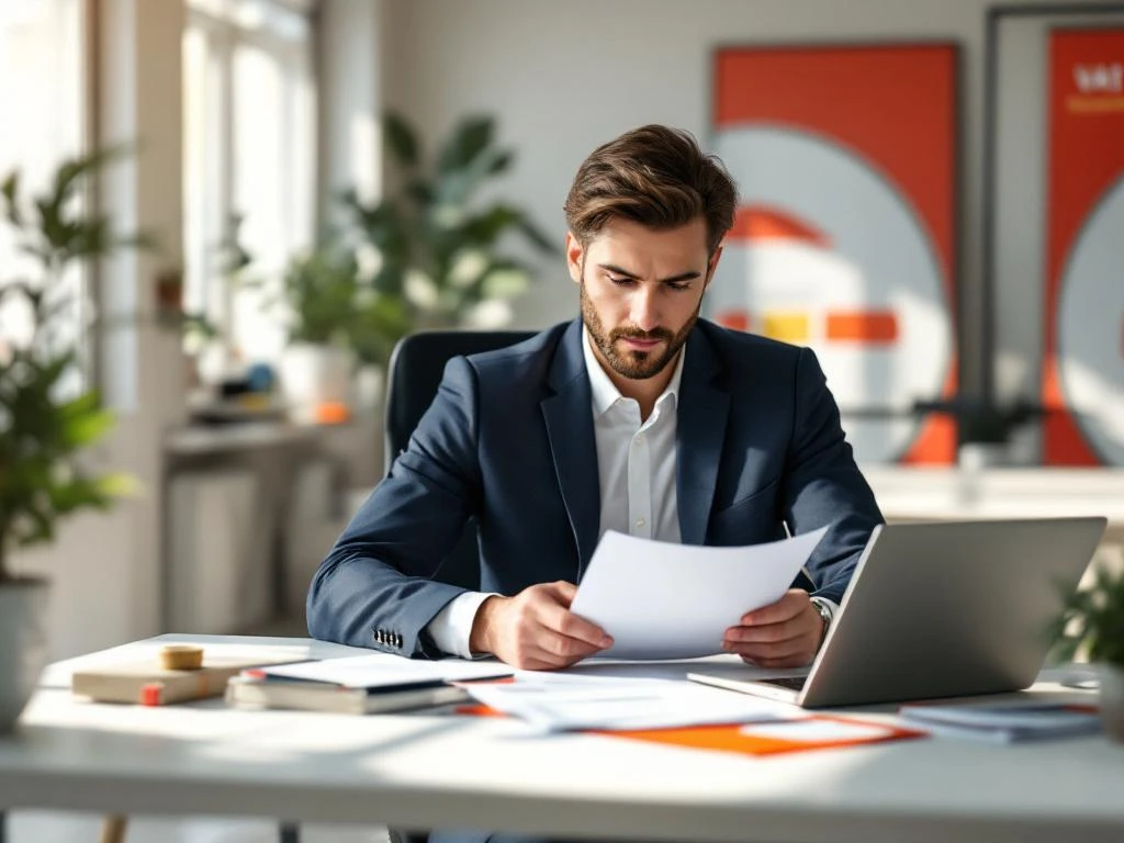 Zakenprofessional beoordeelt BTW-documenten en brandstofkaartadministratie op georganiseerd bureau in modern kantoor