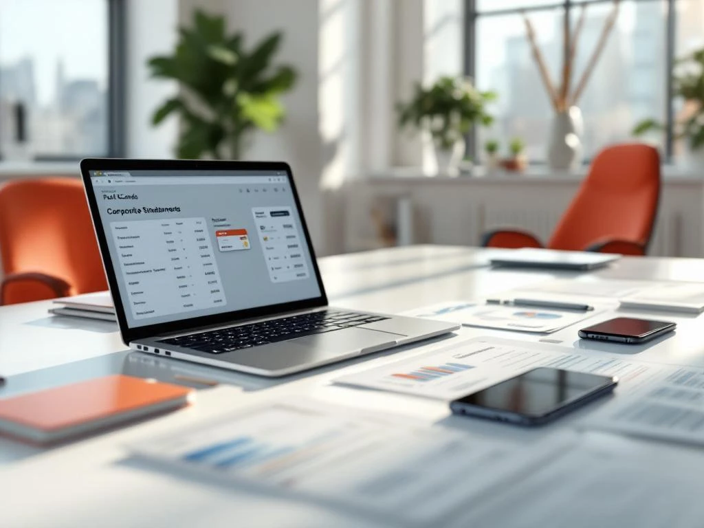 Zakelijke professional bekijkt brandstofkaart overzichten op laptop in modern kantoor met witte en rode accenten