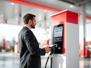 Zakenpersoon gebruikt bedrijfstankkaart bij moderne tankstation met rood-wit design voor brandstofbeheer