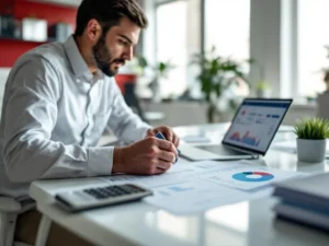 Zakelijke professional analyseert brandstofverbruikrapporten aan bureau met laptop, brandstofkaart en rekenmachine