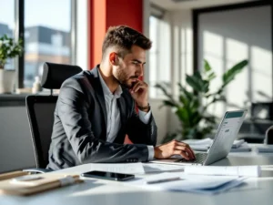 Zakelijke professional analyseert brandstofgegevens op laptop met bonnetjes en rapporten op modern bureau
