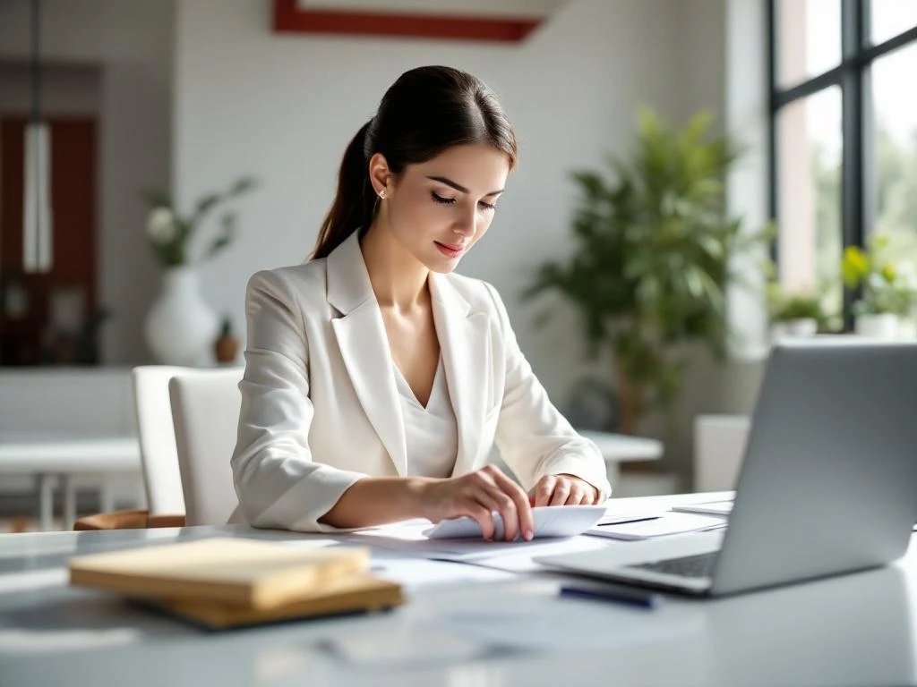 Professionele zakenvrouw organiseert brandstofbonnen en uitgavenstukken aan moderne bureau met laptop dashboard