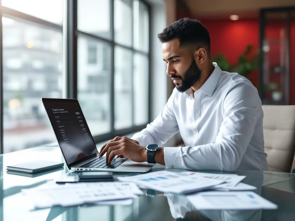 Zakelijke professional analyseert brandstofkosten op laptop met bonnetjes en tankkaart op modern bureau