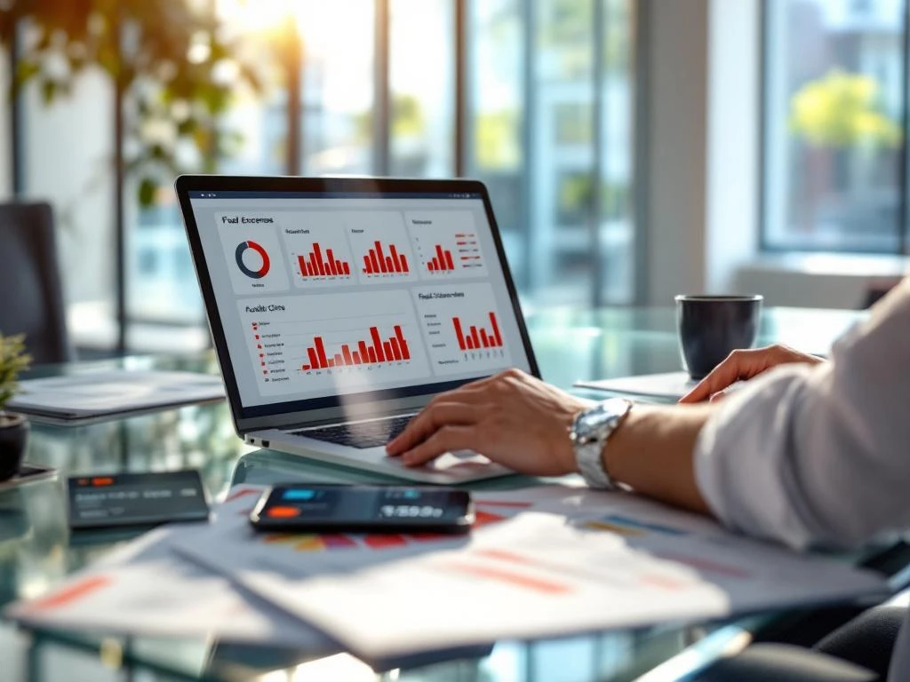 Zakelijke professional analyseert brandstofkostenrapporten op laptop met grafieken en bedrijfstankkaart op bureau