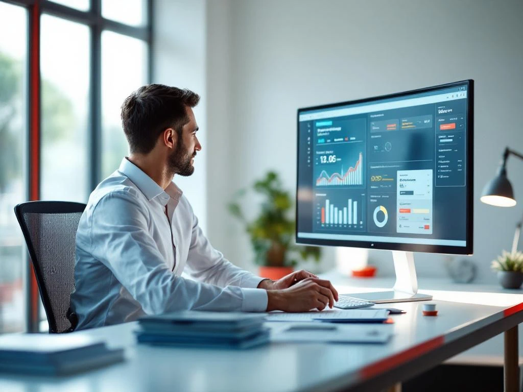 Zakelijke professional past tijdinstellingen aan op digitaal brandstofbeheerdashboard op moderne werkplek met brandstofkaart