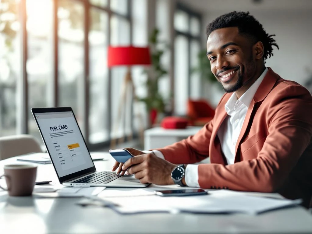 Zakelijke professional bekijkt brandstofkaart aanvraag op laptop terwijl ze creditcard vasthoudt aan modern bureau