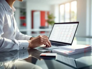 Zakenprofessional voert brandstofkaart transactiegegevens in op laptop met bonnetjes en bedrijfsfuelcard op bureau