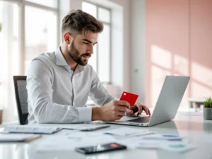 Zakenprofessional houdt rode brandstofkaart vast terwijl hij werkt op laptop met facturen op modern wit bureau