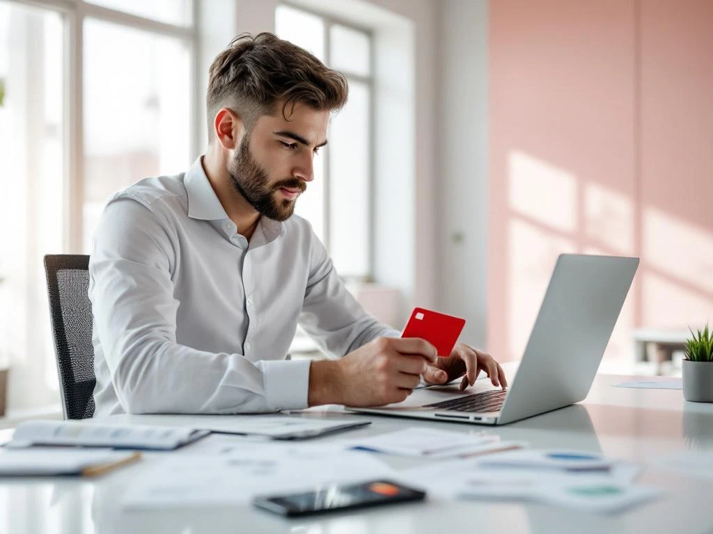 Zakenprofessional houdt rode brandstofkaart vast terwijl hij werkt op laptop met facturen op modern wit bureau