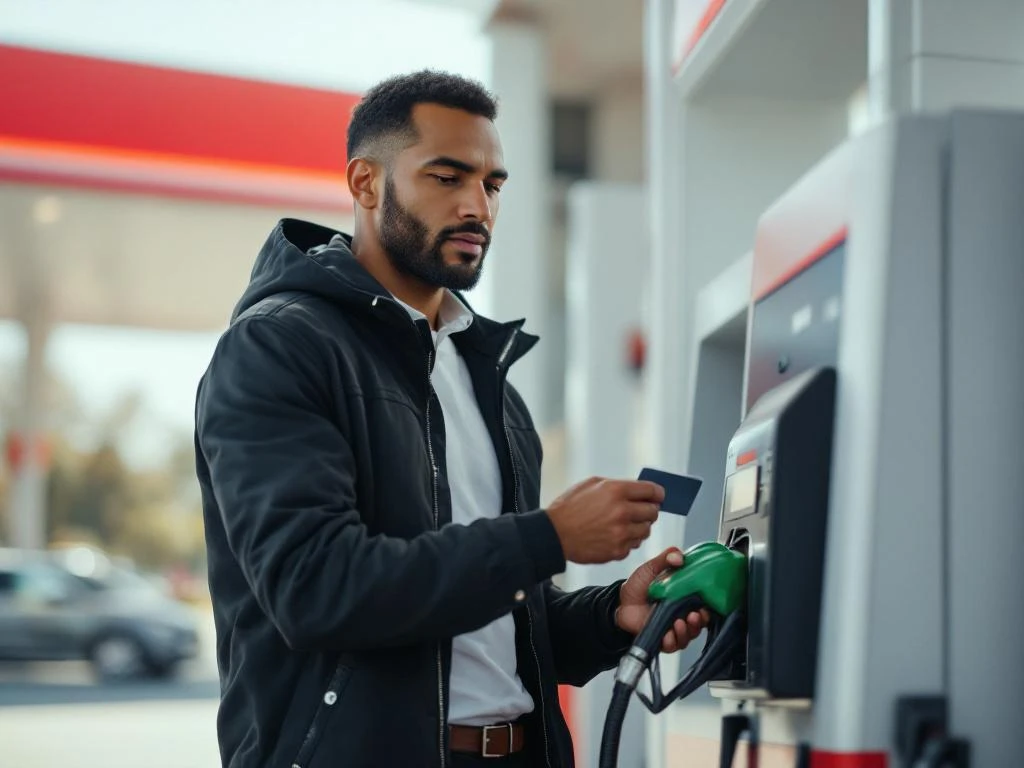 Ondernemer gebruikt brandstofkaart bij modern tankstation terminal tijdens het tanken in daglicht