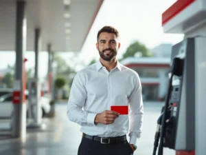 Professionele zakenvrouw gebruikt rode brandstofkaart bij modern tankstation met witte bedrijfsauto
