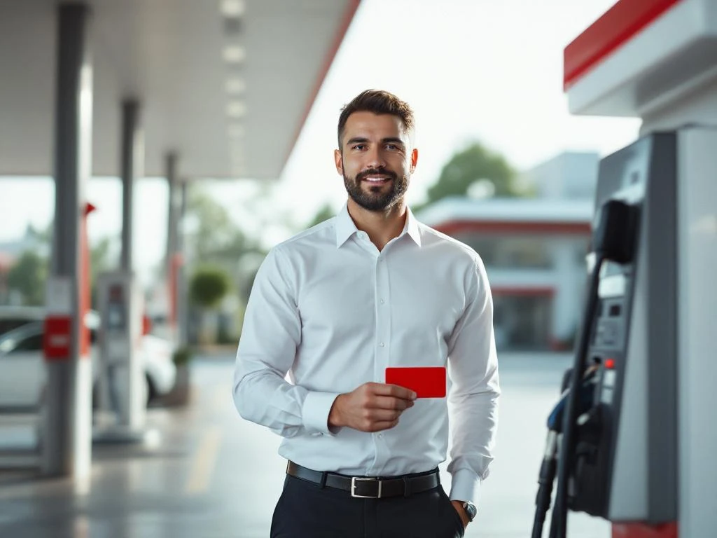 Professionele zakenvrouw gebruikt rode brandstofkaart bij modern tankstation met witte bedrijfsauto