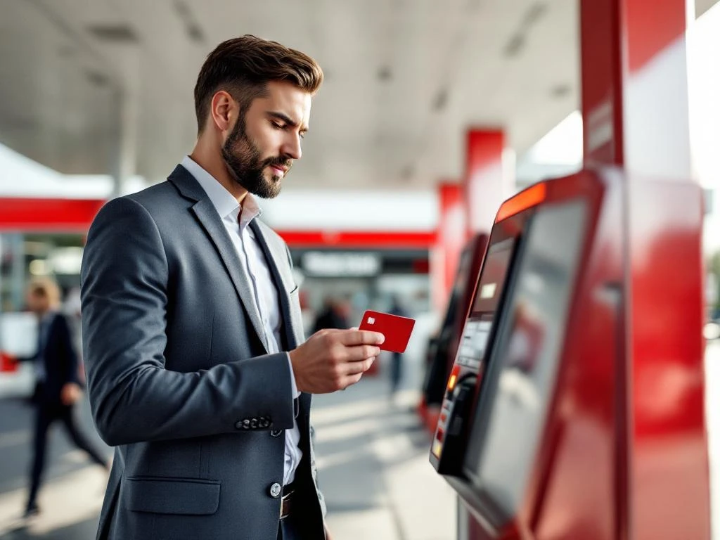 Zakenprofessional steekt rode en witte tankkaart in moderne betaalterminal bij hedendaags tankstation