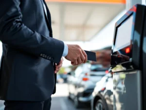 Professionele zakenman gebruikt tankkaart bij moderne betaalterminal op benzinestation met bedrijfsauto op achtergrond