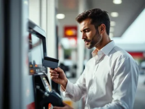 Zakenpersoon steekt tankkaart in moderne betaalterminal bij tankstation voor digitale transactie