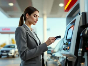 Zakenvrouw gebruikt tankkaart bij moderne betaalterminal van tankstation met bedrijfsauto op achtergrond