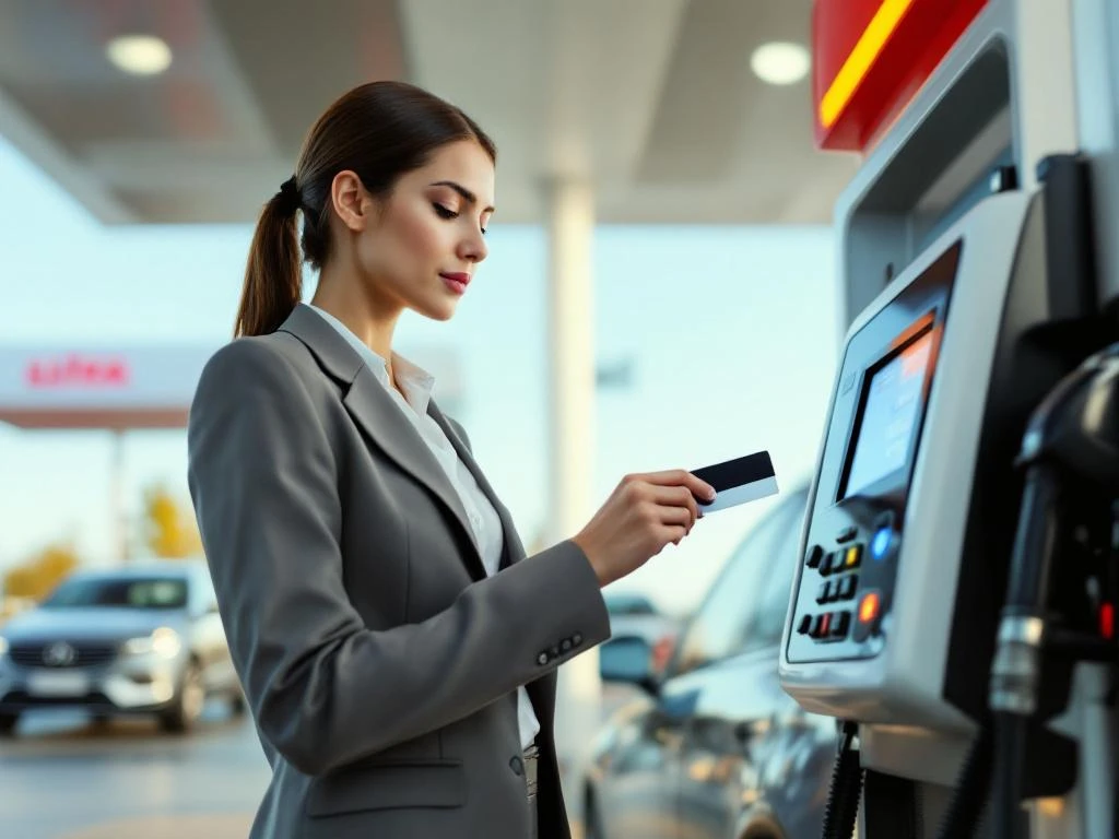Zakenvrouw gebruikt tankkaart bij moderne betaalterminal van tankstation met bedrijfsauto op achtergrond