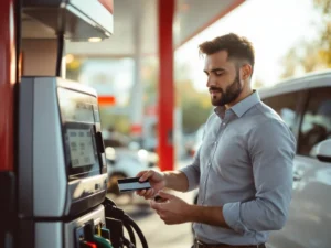 Zakenvrouw gebruikt tankkaart bij moderne betaalterminal tankstation met witte bedrijfsauto op achtergrond