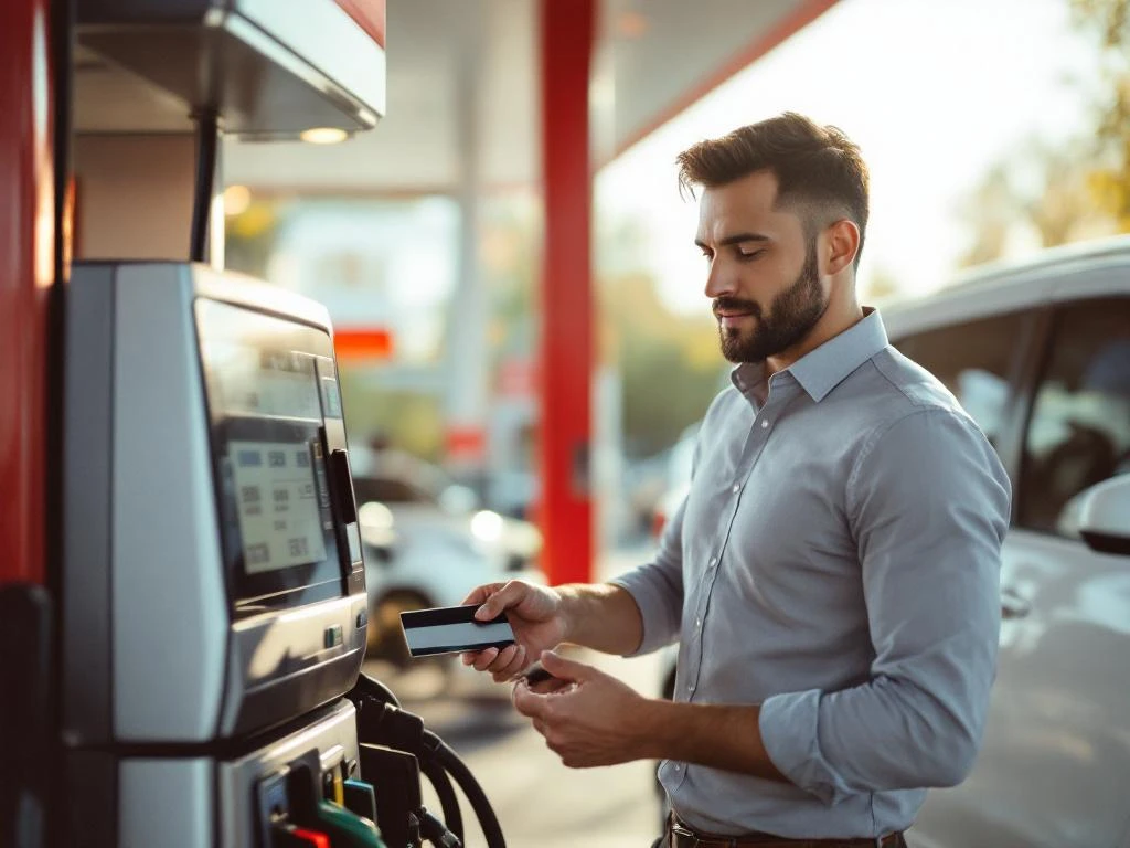 Zakenvrouw gebruikt tankkaart bij moderne betaalterminal tankstation met witte bedrijfsauto op achtergrond