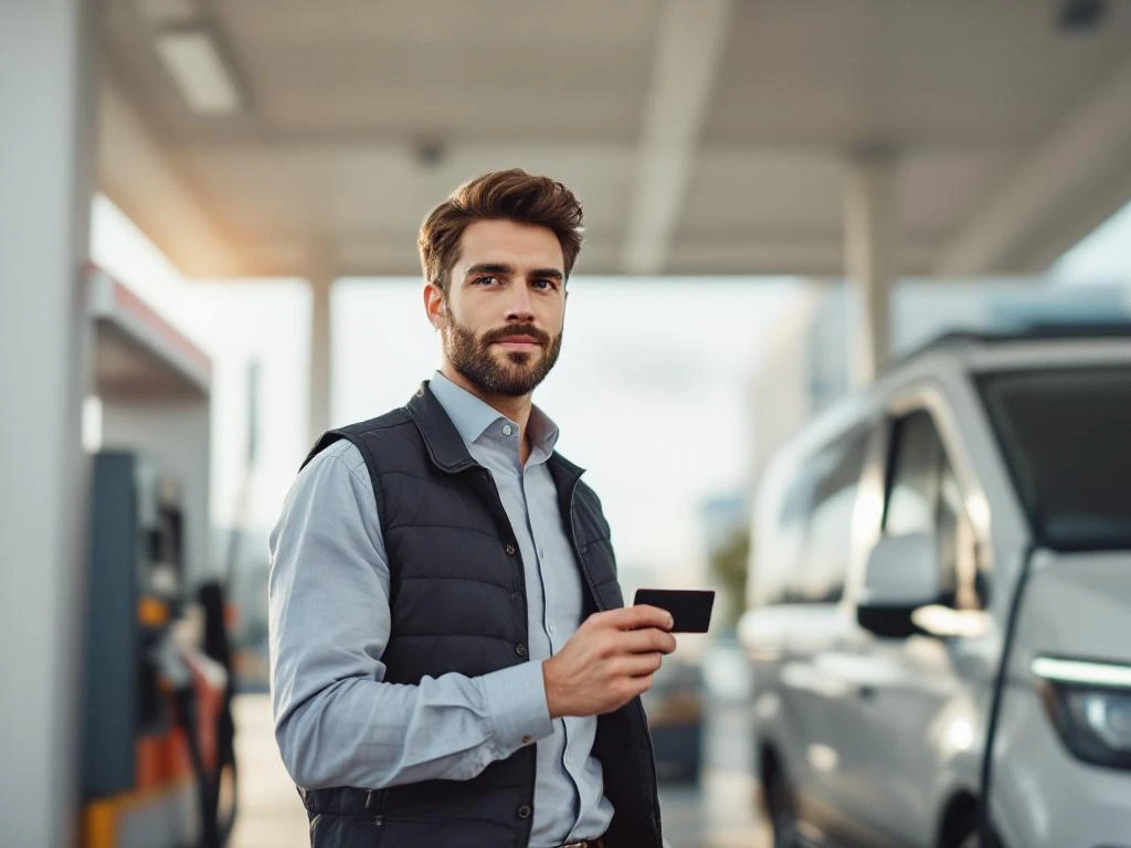 Freelancer houdt brandstofpas vast bij moderne tankstation naast bedrijfsvoertuig