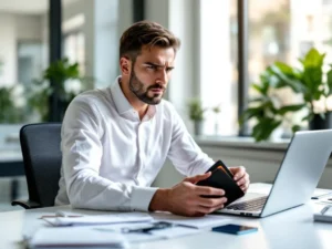 Bezorgde zakenman houdt lege portemonnee vast bij laptop met brandstofbeheer dashboard, tankpas op bureau