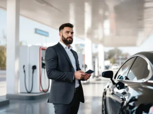 Zakenman tankt bedrijfswagen met tankpas bij modern tankstation met elektrische en waterstof laadpunten