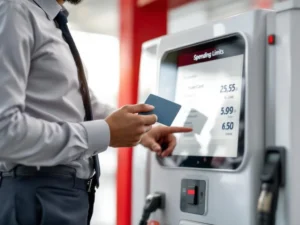 Zakelijke professional bekijkt brandstofkaart uitgavenlimieten op digitaal display bij modern tankstation