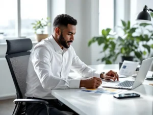 Zakenprofessional vergelijkt brandstofkaart aanbiedingen op laptop en documenten aan modern bureau