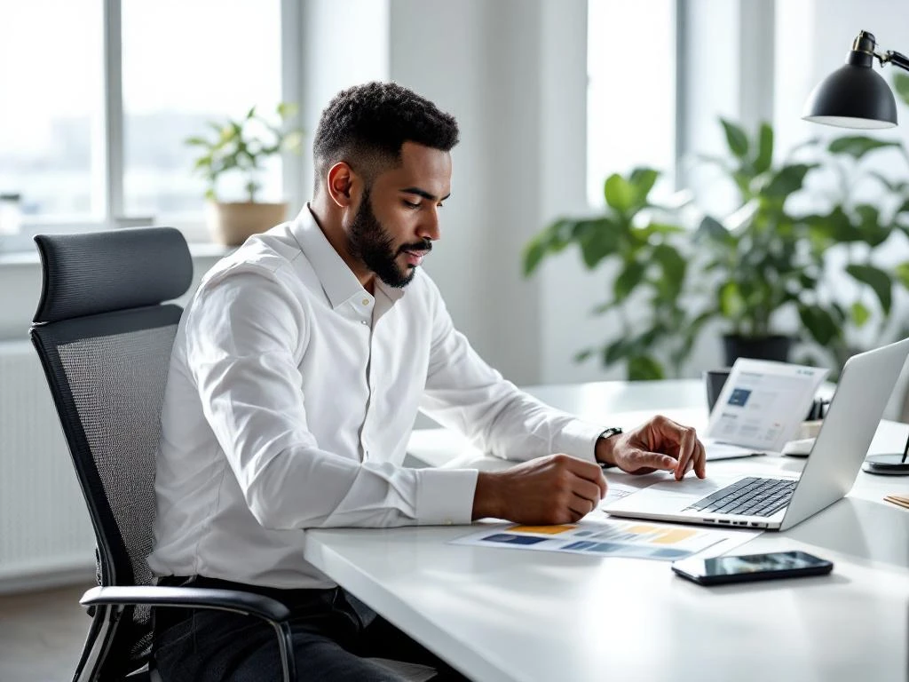 Zakenprofessional vergelijkt brandstofkaart aanbiedingen op laptop en documenten aan modern bureau