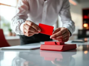 Zakelijke professional houdt beschadigde brandstofkaart vast en pakt vervangingskaart uit rode bureauorganizer