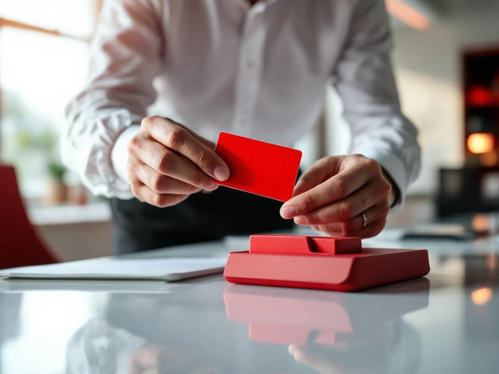 Zakelijke professional houdt beschadigde brandstofkaart vast en pakt vervangingskaart uit rode bureauorganizer