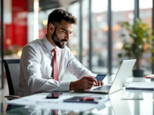 Zakelijke professional met brandstofkaart aan moderne glazen bureau, laptop en financiële documenten zichtbaar