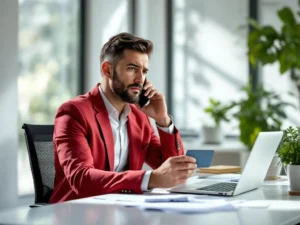 Zakelijke professional houdt brandstofkaart vast terwijl ze belt, laptop toont brandstofbeheerdashboard op kantoor