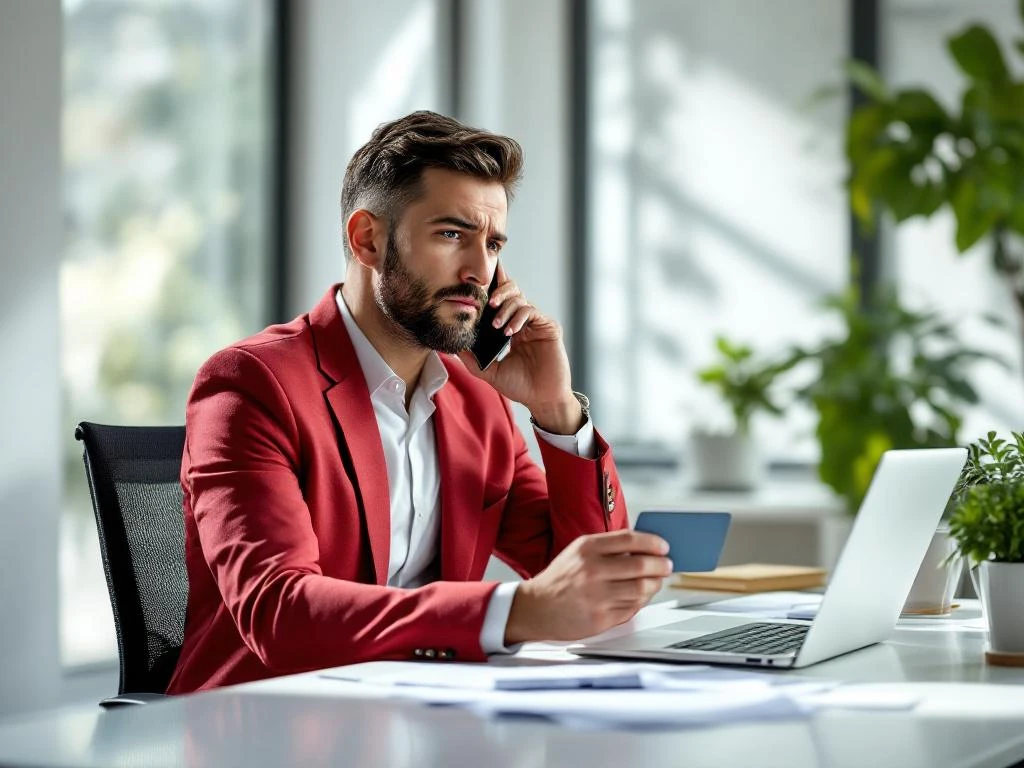 Zakelijke professional houdt brandstofkaart vast terwijl ze belt, laptop toont brandstofbeheerdashboard op kantoor