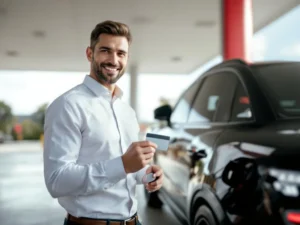 Zakelijke professional toont brandstofkaart bij moderne tankstation naast bedrijfswagen voor zakelijk wagenparkbeheer