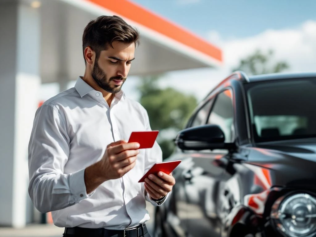 Zakenpersoon inspecteert rode tankkaart bij bedrijfsvoertuig op modern tankstation voor veiligheidscontrole