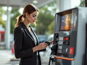 Zakenvrouw gebruikt brandstofkaart bij moderne tankstation terminal met diesel en benzine opties zichtbaar