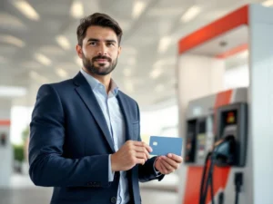 Professionele persoon toont brandstofkaart bij moderne tankstation naast bedrijfsvoertuig