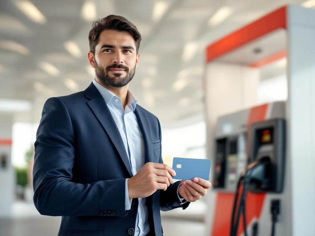 Professionele persoon toont brandstofkaart bij moderne tankstation naast bedrijfsvoertuig