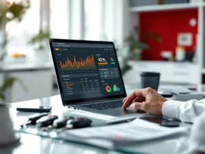 Zakelijke professional analyseert brandstofverbruikgegevens op laptop met autosleutels en rapporten op bureau